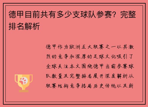 德甲目前共有多少支球队参赛？完整排名解析